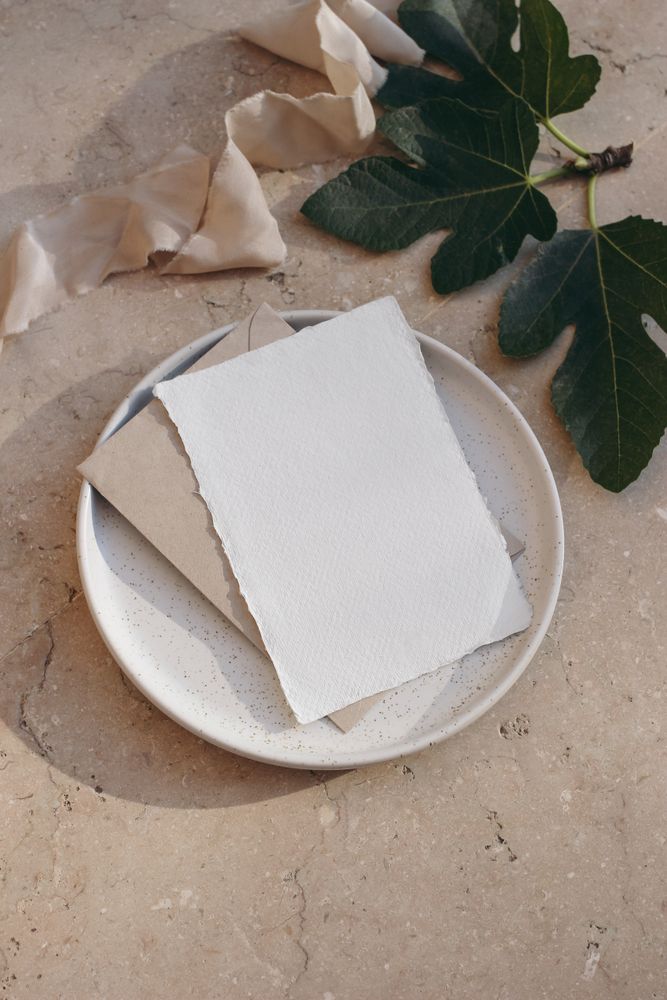 Blank cotton paper card, invitation mock up surrounded by dark green fig leaves & ribbon