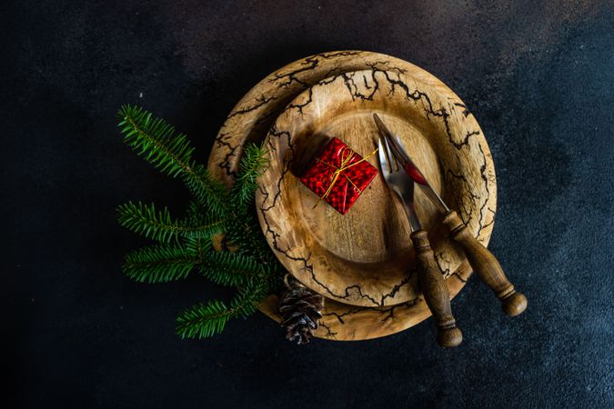 Top view of rustic holiday table setting