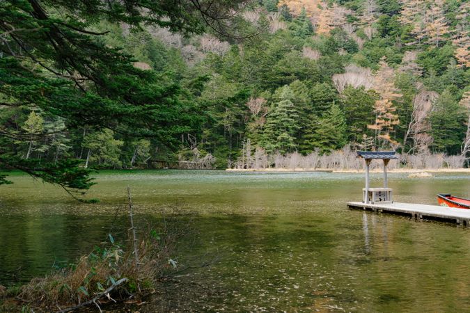 Myojin Pond with Hotaka Shrine in Kamikochi in Autumn, Japanese Alps, Chubu Sangaku National Park