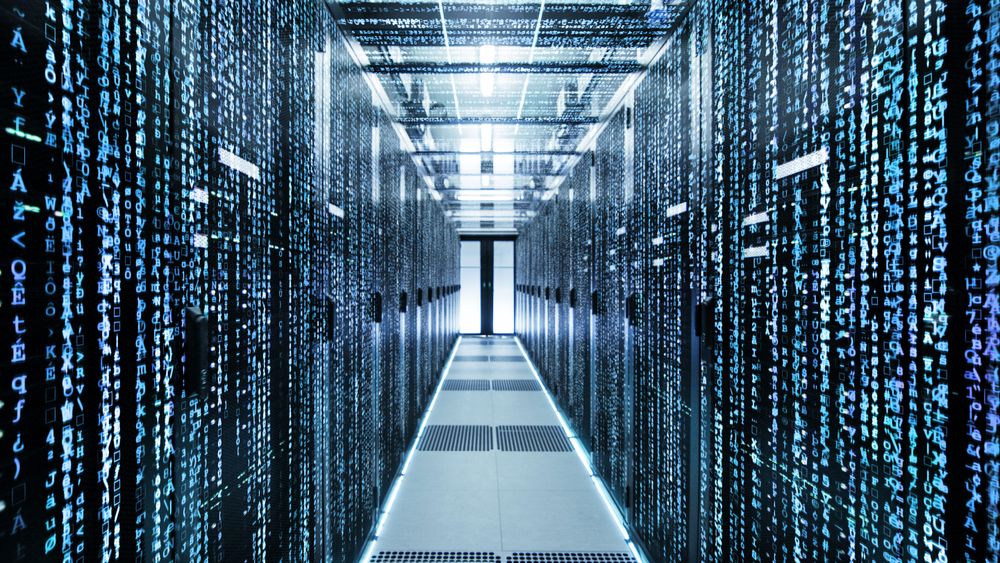Shot of Corridor in Working Data Center Full of Rack Servers and Supercomputers with Raining Script Codes