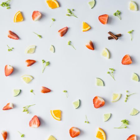 Pattern with strawberry, lime, oranges, leaves