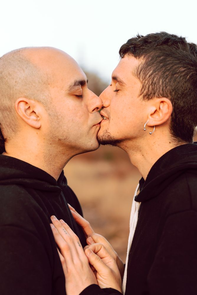 Men hugging and kissing n forest