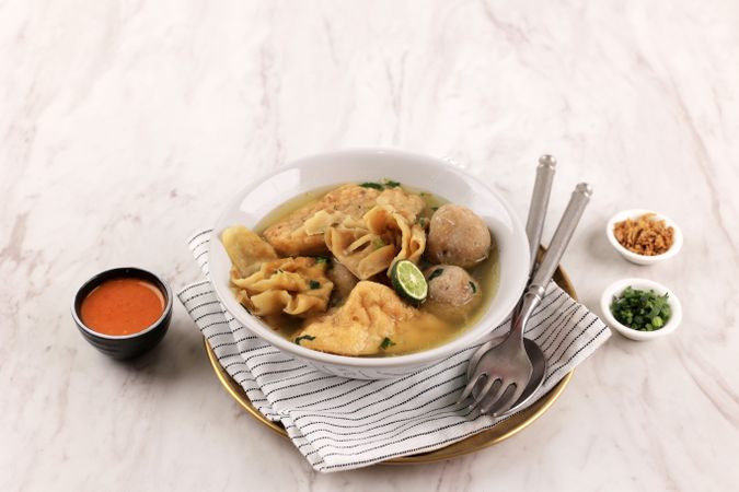 Baso Cuanki Bandung, Meatballs and Batagor Topping Cooked in Stock Soup.