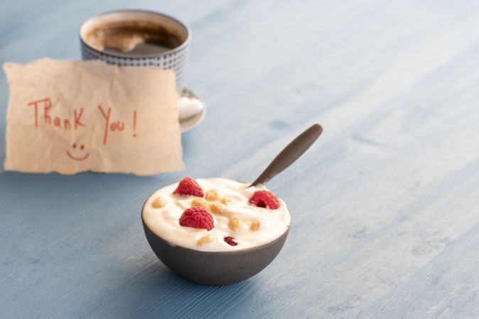 Yogurt with raspberry in a bowl
