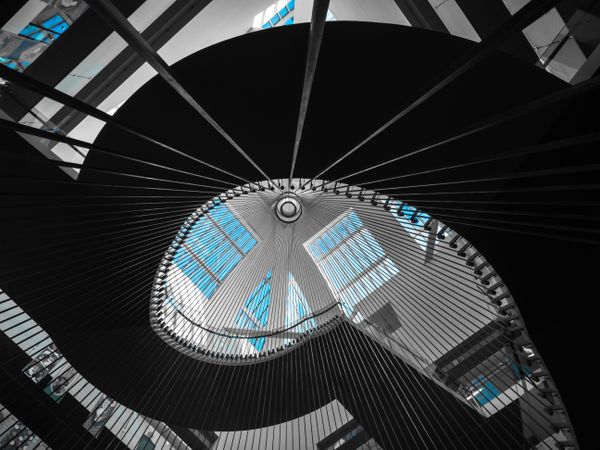 Geometric staircase and glass roof in a modern building. Look up. Library of Strasbourg.