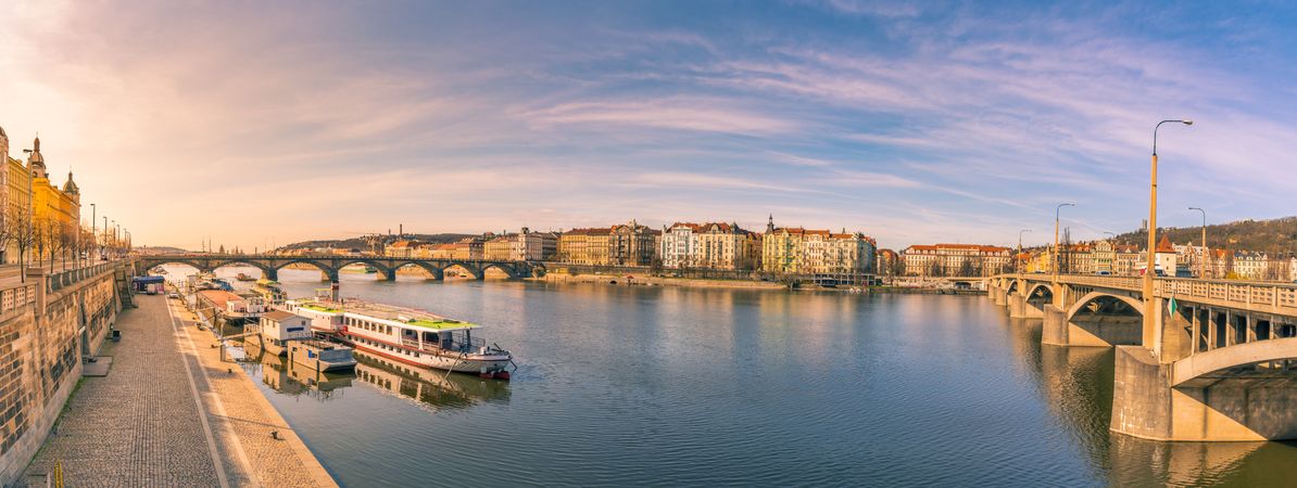 Prague cityscape with buildings and river