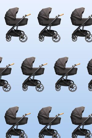 Motif of dark baby carriages on blue background