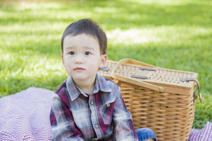 Young Biracial Boy Sitting in Park Near Picnic Basket