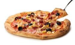 Tasty pizza with meat isolated on neutral background