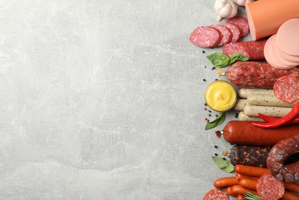 Variety of cured meats and mustard on grey table with copy space