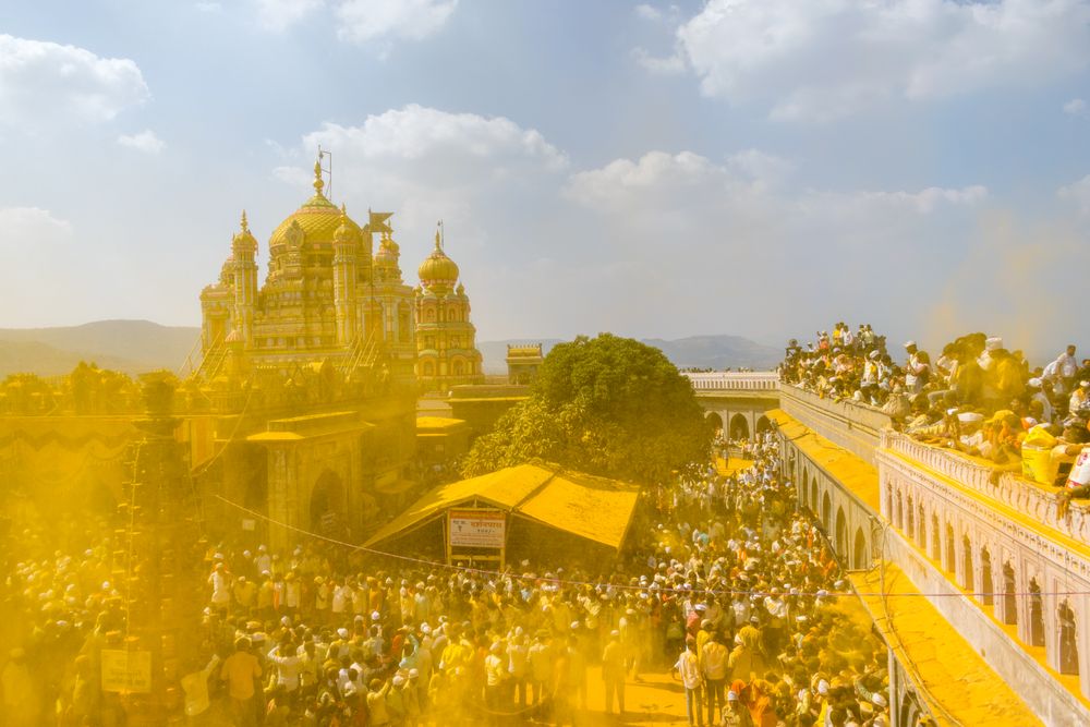 Jejuri, Maharashtra, India - Dec 30, 2024: Palkhi of Lord Khandoba at the famous and beautiful Khandoba temple at Jejuri during the festival of Somvati Amavasya
