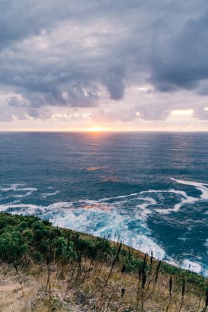 Grassy shore near stormy sea in evening