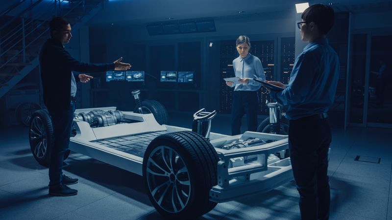 Automobile Engineers Designing Electric Car Platform Chassis, Using Tablet Computers with CAD Software for 3D Concept