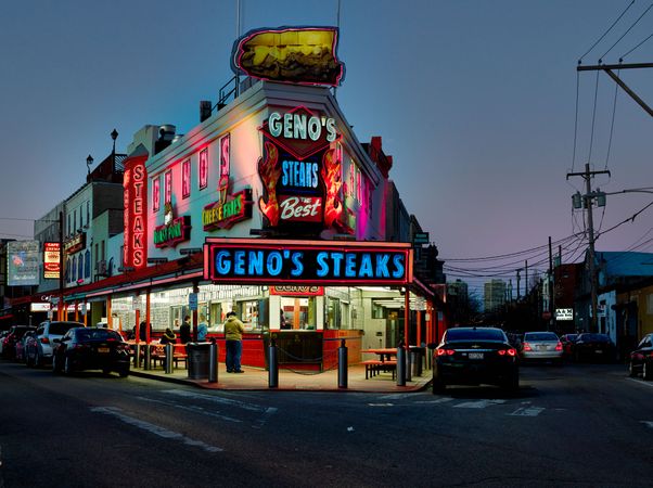 Dusk shot of famous restaurant Geno’s Steaks, Philadelphia, Pennsylvania