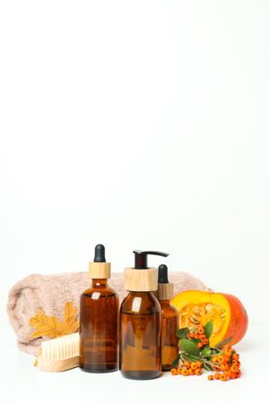 Concept of different cosmetic products, Pumpkin cosmetics, space for text