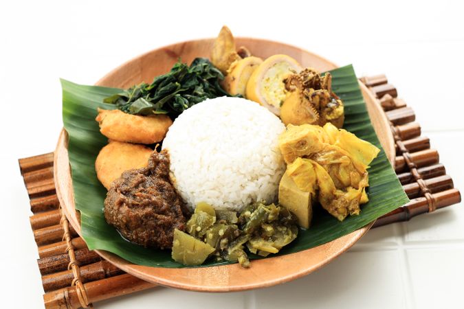 Nasi Padang Lauk Dua, Rice with Rendang and Minang Omelette, Sambal Lado Mudo, and Curry
