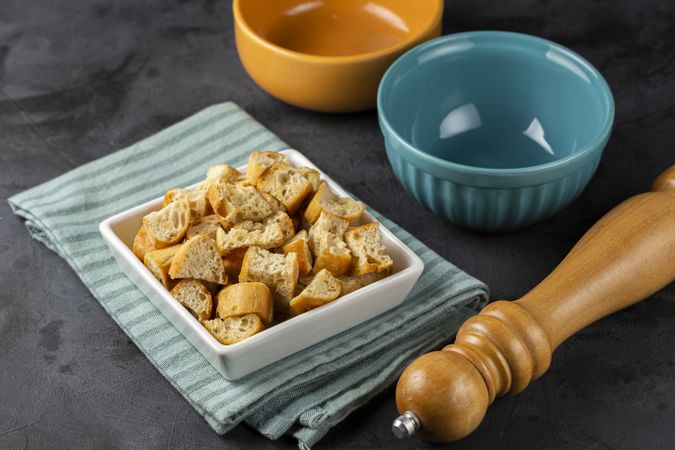 Delicious crunchy croutons on the table.