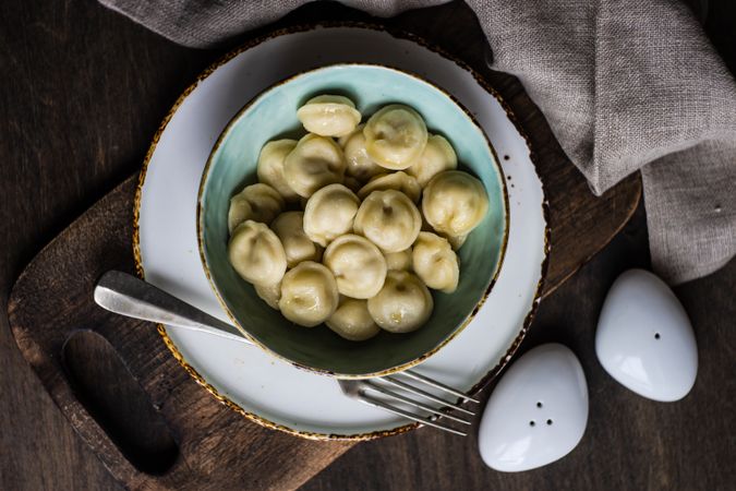 Top view of bowl of Russian dumplings