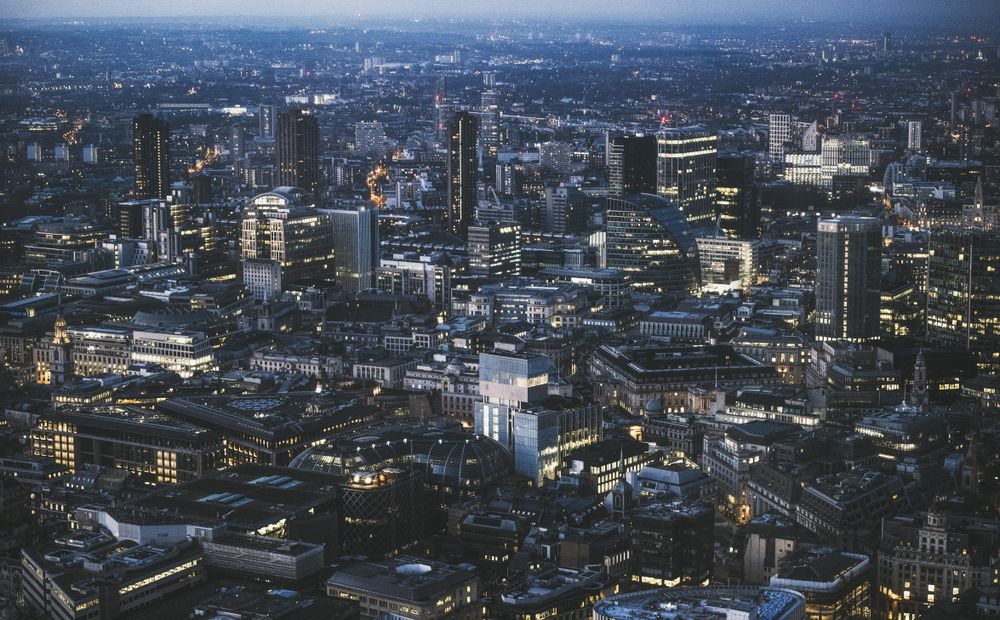 Bird's eye view of city buildings during night time