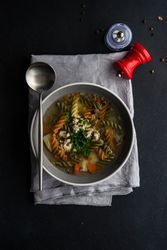 Top view of spiral pasta and chicken or turkey