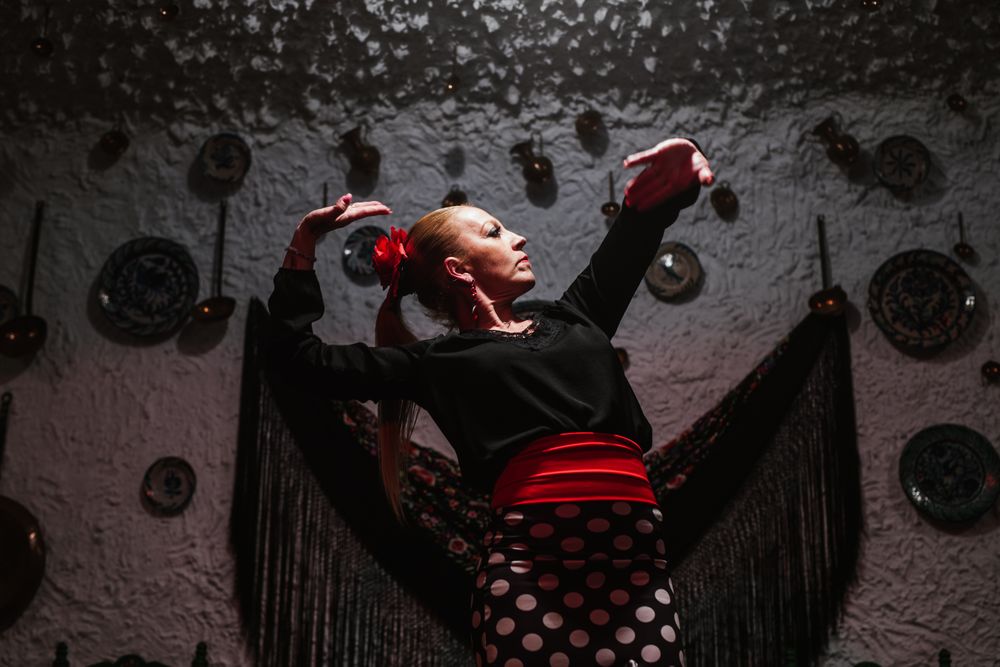 Woman dancer in flamenco costume standing in dance posture