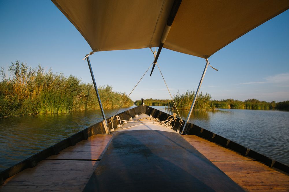 Front of boat riding along sea