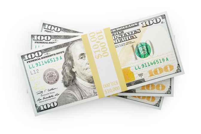 Thirty Thousand Dollars Stack of One Hundred Dollar Bills Isolated on a Blank Background.