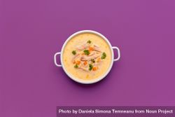 Greek chicken soup above view, minimalist on a purple background bE9Vvn