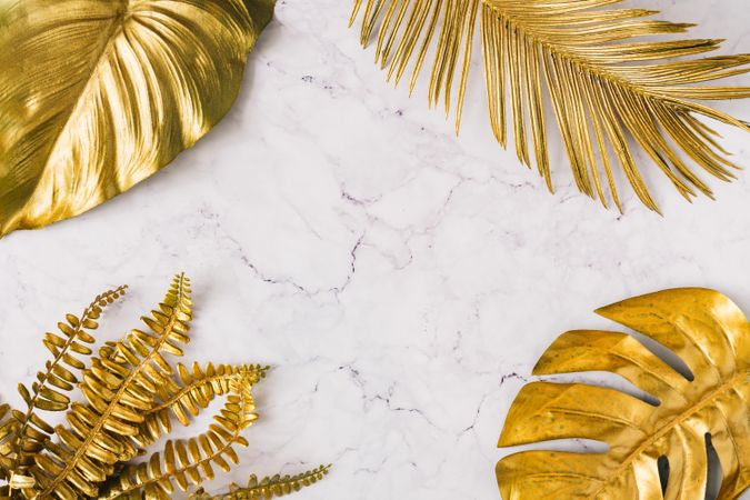 Border of gold leaves on marble background