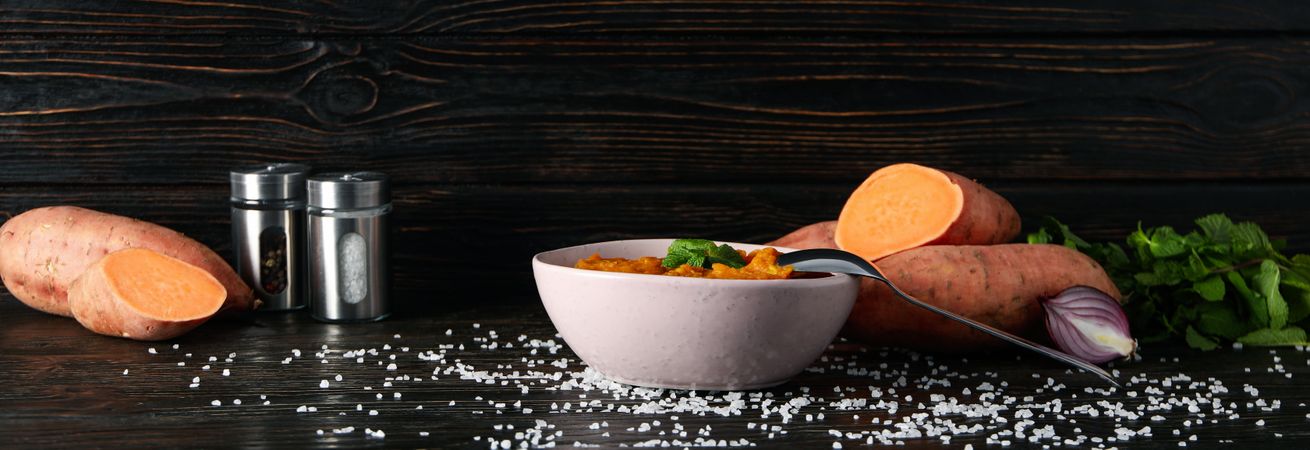 Concept of tasty food, sweet potato puree, space for text