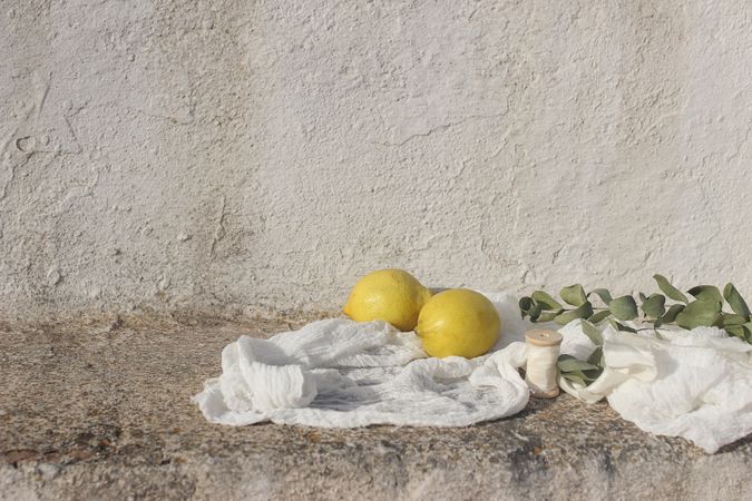 Fresh lemons fruit, eucalyptus tree branches, ribbon and muslin textile in sunlight.