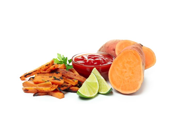 Fried sweet potato, isolated on light background