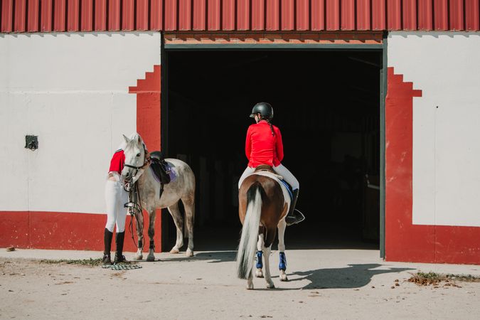 Anonymous woman in jockey outfit standing with horse