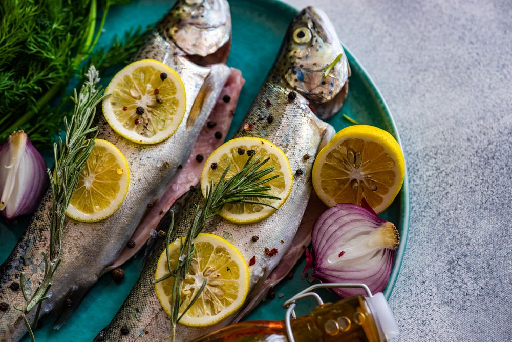 Close up of raw trout fish ready for cooking