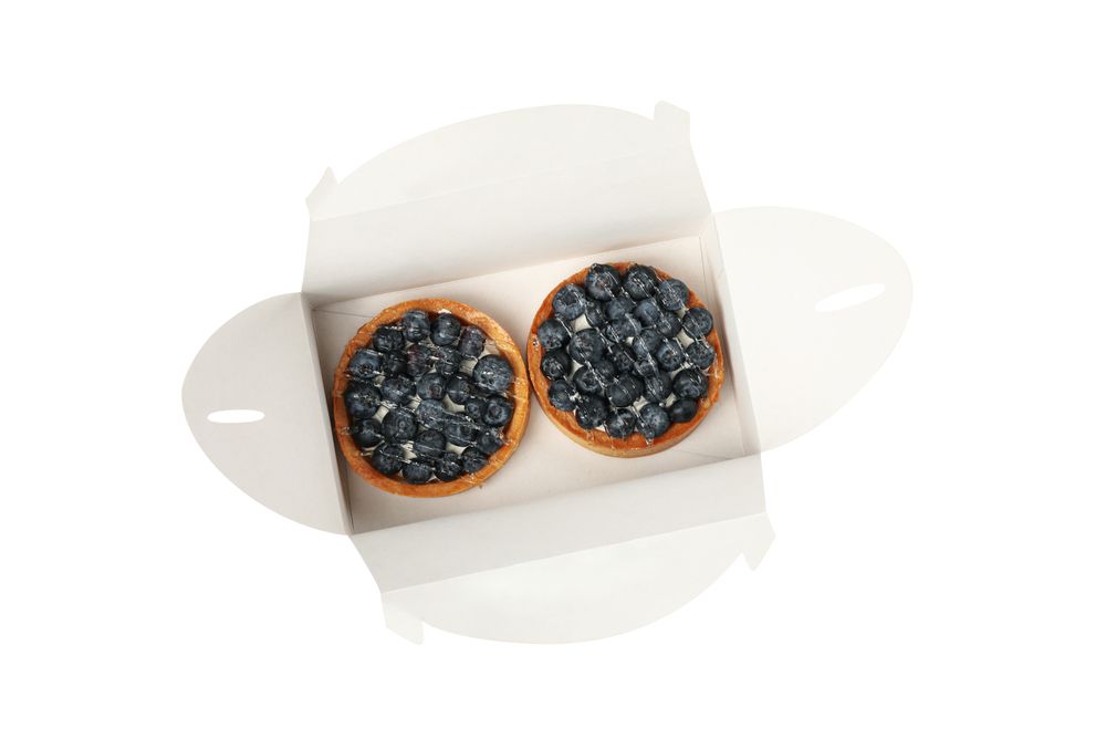 Carton box with blueberry pies isolated on light background