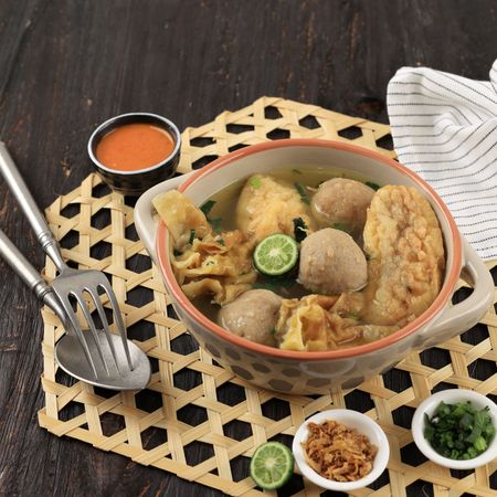 Indonesian meatball and batagor stock soup