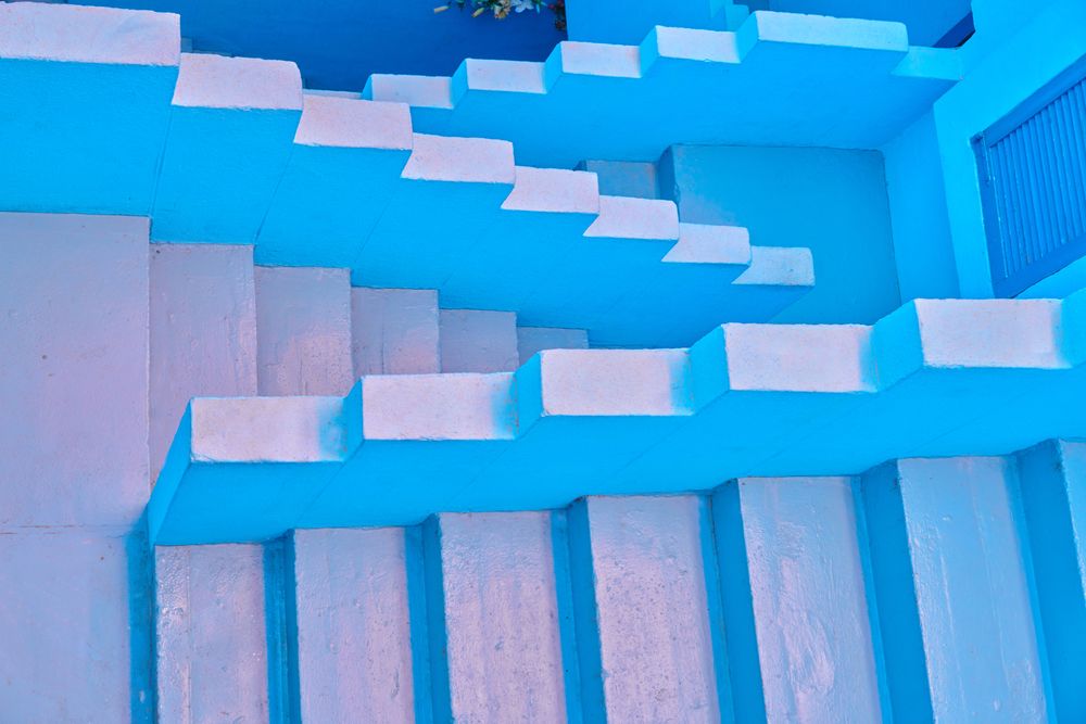 Blue stairs down and up in summer
