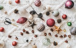Flat-lay of holiday decorations, top view