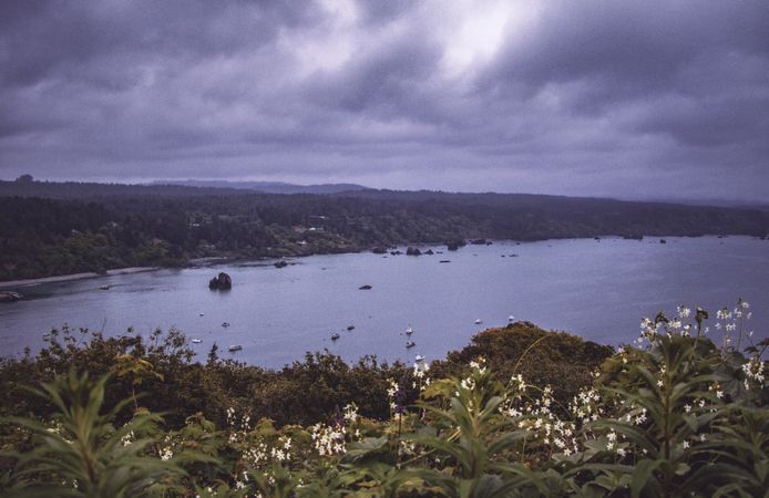 Looking down at small boats in the water under a cloudy sky