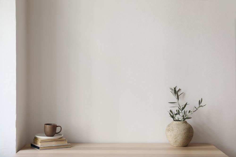 Table with vase with eucalyptus branch and pile of books with mug