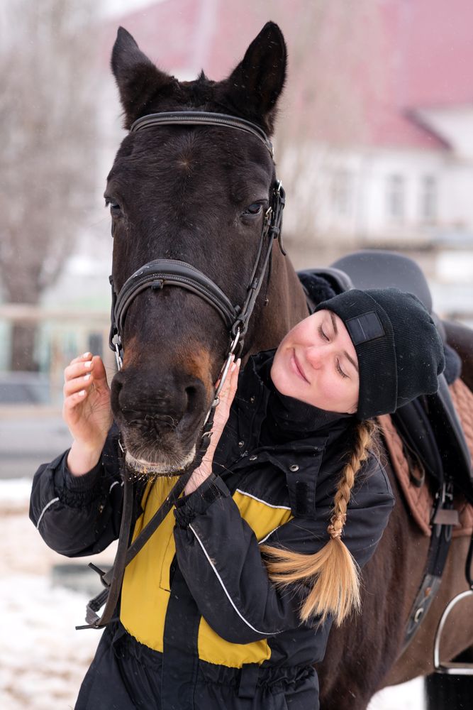 Person showing affection to horse during winter.