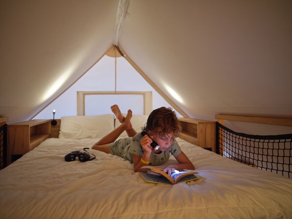 Boy reading book on mansard