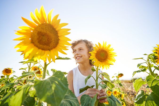 Smiling kid on sunflower plantation