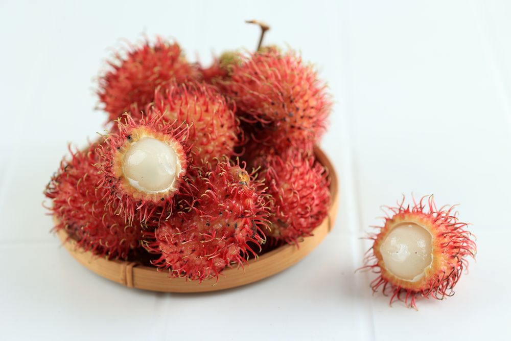 Close Up Rambutan on Bamboo Plate