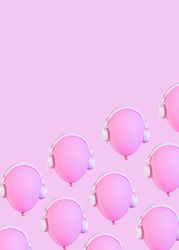 Pattern of pink balloons wearing headphones on pink background