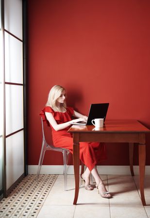 Beautiful young adult woman wearing red jumpsuit and working lap