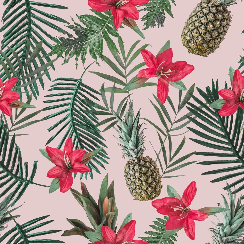 Pineapple pattern with leaves and red flowers on blush pastel background