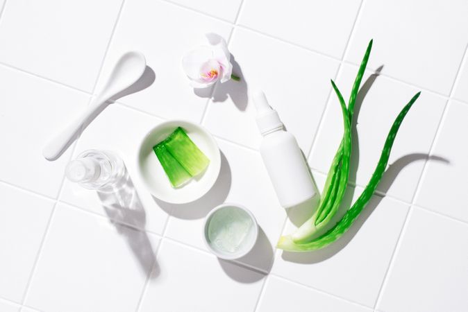 Aloe vera plant, flowers, spoon and bottle on bathroom tiles