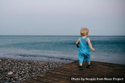 Toddler standing on wooden dock at the beach 5axpQ0