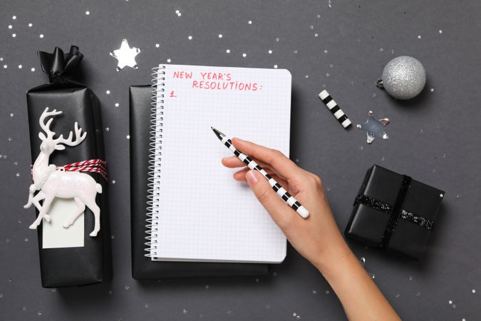 Concept of New Year Resolutions list, new year goals, top view